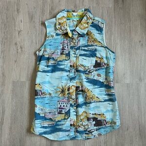Boden Tropical Island Print Button Down Sleeveless Blouse